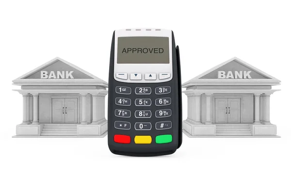 Kreditkort betalning Terminal nära Bank byggnader. 3D-rendering — Stockfoto