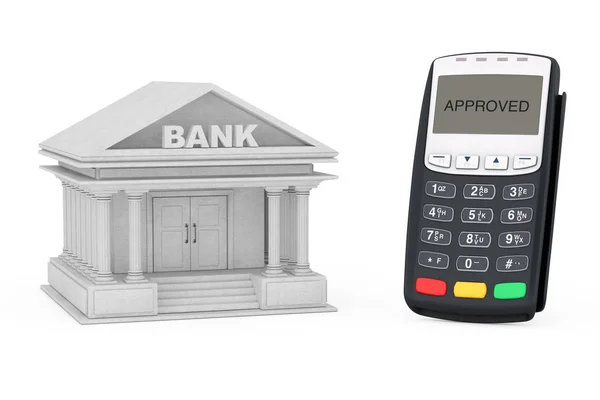 Τερματικό πιστωτικών καρτών πληρωμής κοντά στο κτίριο της Τράπεζας. 3D rendering — Φωτογραφία Αρχείου