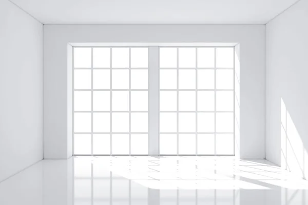Chambre blanche vide avec murs et grande fenêtre. Rendu 3d — Photo