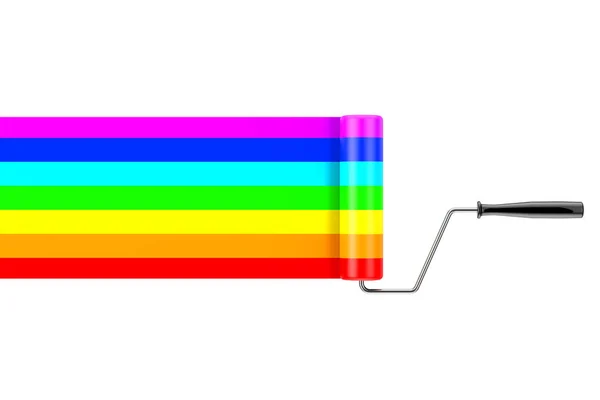Rolo de pintura e traços de cor do arco-íris. Renderização 3d — Fotografia de Stock