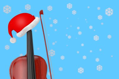Kırmızı Noel Baba Şapkası Klasik Tahta Keman 'ın üstünde Mavi Ba' lı Fiyonk