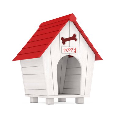 Ahşap Çizgi Film Köpek Evi, Kırmızı Çatı ve Köpek İşareti. 3d Hazırlama