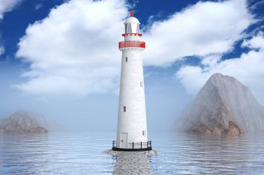 Okyanus veya denizdeki deniz feneri. 3d Hazırlama