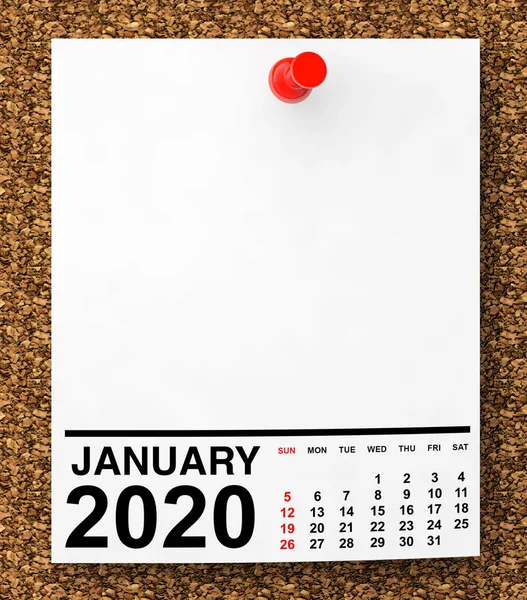 Calendário Janeiro 2020 em papel de nota em branco. Renderização 3d — Fotografia de Stock