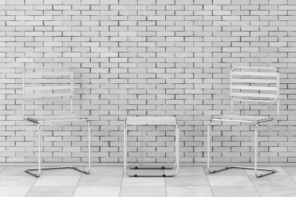 Set van moderne metalen stoelen en tafel met houten planken. 3d Rend — Stockfoto