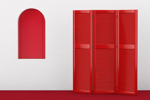 Rot gefaltete hölzerne Kleiderwand in der Nähe des roten Fensters. 3D-Darstellung — Stockfoto