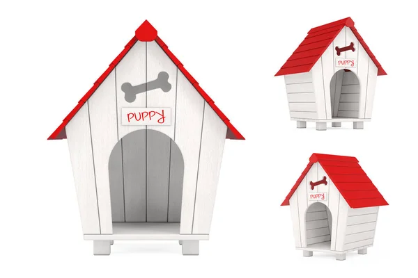 Houten Cartoon Dog House met Rode Dak en Puppy Sign. 3d Render — Stockfoto