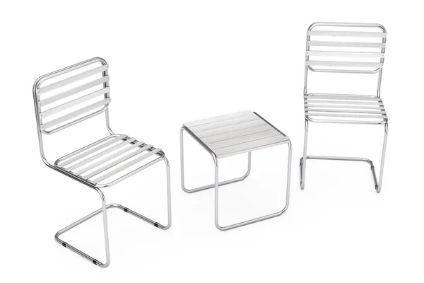 Set med moderna metallstolar och bord med träplankor. 3d Ränta — Stockfoto