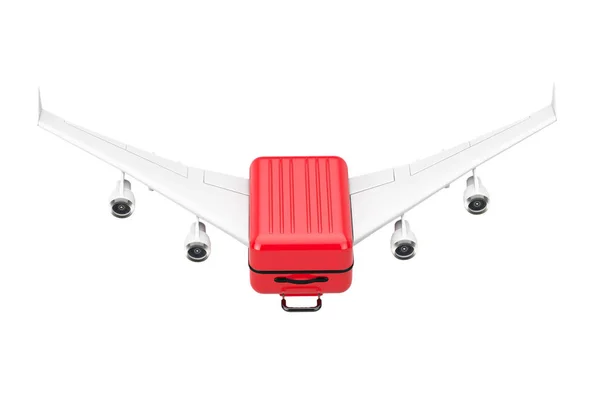 Concept de voyage. Grande valise en polycarbonate rouge avec avion W — Photo