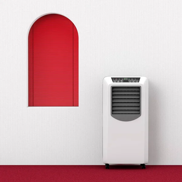 Portable Mobile Room Air Conditioner near Red Window. 3d Renderi