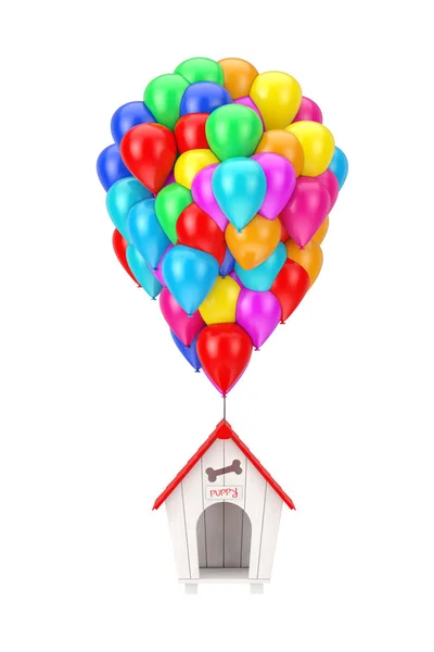Цветные летящие воздушные шары вверх по деревянному домику для собак. 3-й раунд — стоковое фото