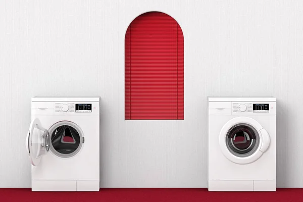 Modern Washing Machine near Red Window. 3d Rendering — Stock Photo, Image