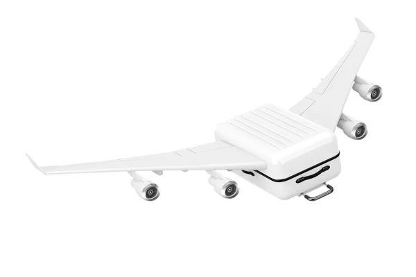 Travel Concept. Large White Polycarbonate Suitcase with Airplane — ストック写真