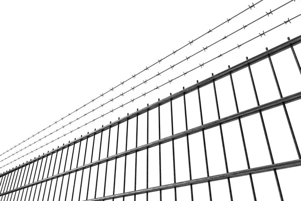 Omezená oblast Koncept. Kovový plot s ostnatým drátem. 3D vykreslení — Stock fotografie
