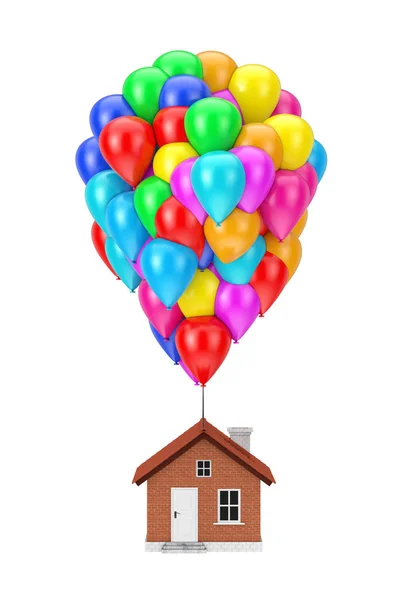 Les ballons volants de couleur vers le haut de la maison moderne. Rendu 3d — Photo