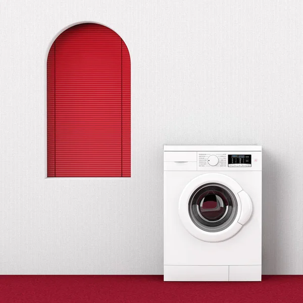 Moderne wasmachine in de buurt van rood venster. 3d Rendering — Stockfoto