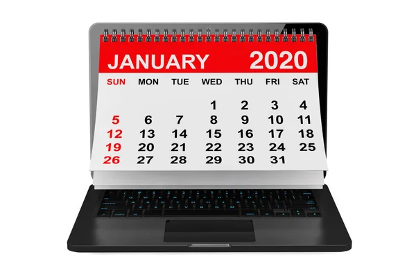 Januar 2020 Kalender über Laptop-Bildschirm. 3D-Darstellung — Stockfoto