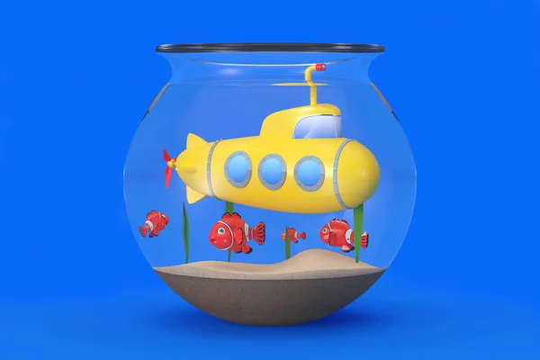 Submarino de brinquedo amarelo em piscinas de aquário sob a água com peixes o — Fotografia de Stock