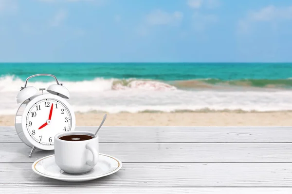 Chávena de café e relógio de alarme em frente ao oceano. Renderização 3d — Fotografia de Stock