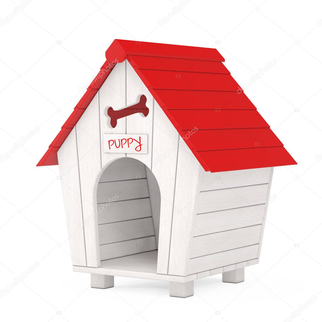 Wooden Cartoon Dog House with Red Roof and Puppy Sign. 3d Render