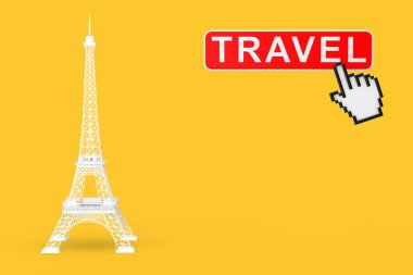 Seyahat Düğmesi ve Piksel Ico ile Beyaz Paris Eyfel Kulesi Heykeli