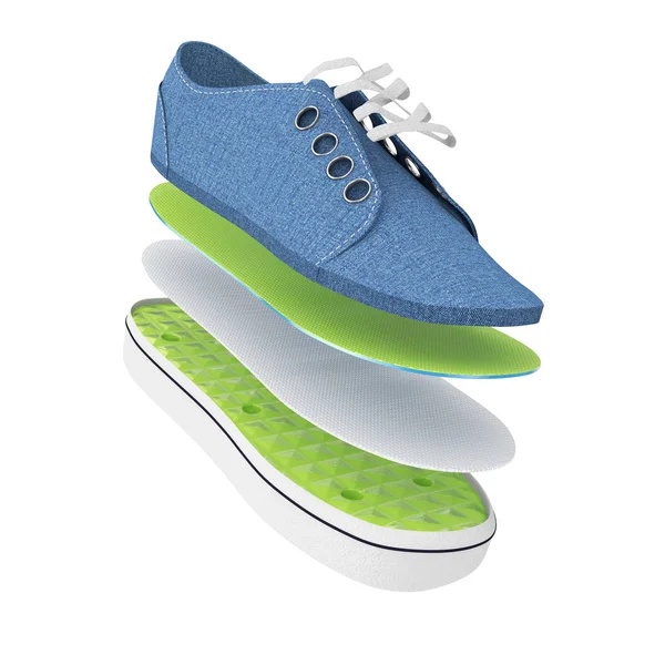 Yeni Markasız Mavi Denim Sneakers Yazan Katmanlar. 3d Hazırlama — Stok fotoğraf