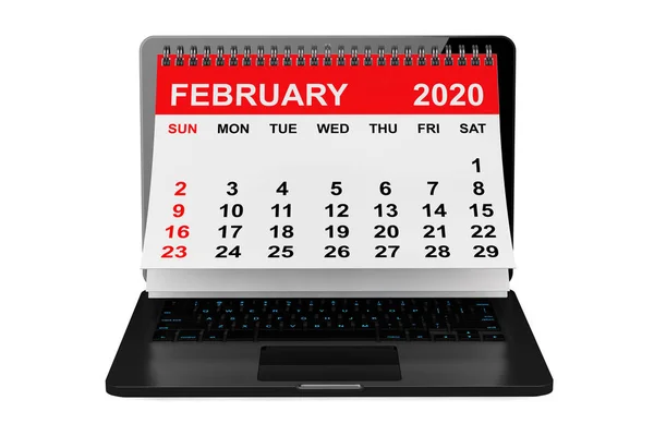 Februar 2020 Kalender über Laptop-Bildschirm. 3D-Darstellung — Stockfoto