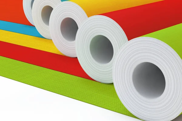 Row of Multicolour Paperhanging Wallpaper Paper Rolls. 3d Render — Stockfoto