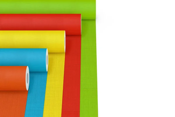 Row of Multicolour Paperhanging Wallpaper Paper Rolls. 3d Render — Stockfoto