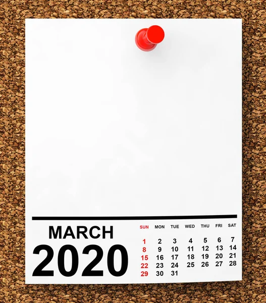 Calendrier Mars 2020 sur papier blanc. Rendu 3d — Photo