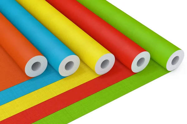 Row of Multicolour Paperhanging Wallpaper Paper Rolls. 3d Render — Stockfoto