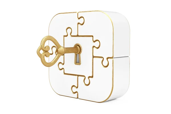 Antique Retro Old Golden Key em caixa de quebra-cabeça branco. 3d Rend — Fotografia de Stock