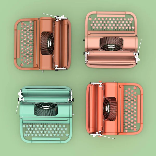 Top View of Multicoloured Old Vintage Retro Typewriters. 3d Rend — Stockfoto