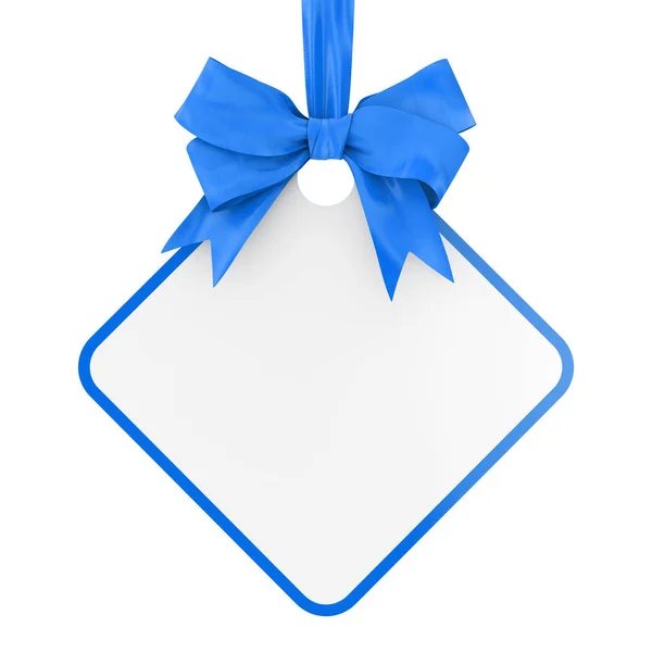 Etiqueta de venta rectangular en blanco con cinta azul y arco. Renderina 3d —  Fotos de Stock
