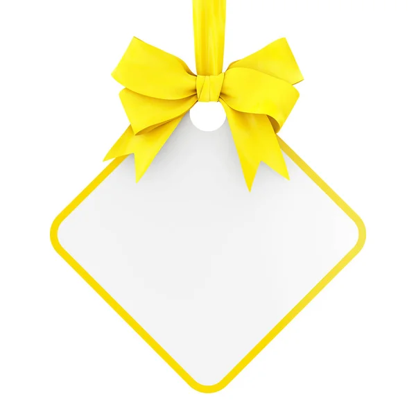 Prázdný obdélníkový prodejní štítek se žlutou stuhou a lukem. 3D vykreslení — Stock fotografie