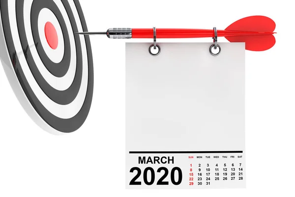 Calendário Março 2020 com o alvo. Renderização 3d — Fotografia de Stock
