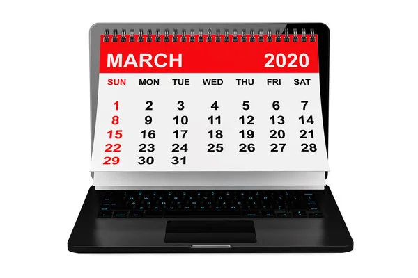 Március 2020 naptár laptop képernyőn. 3D-s renderelés — Stock Fotó