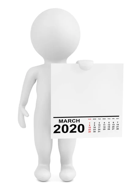 Character Holding Calendar March 2020 Year. 3d Rendering — Stock Photo, Image