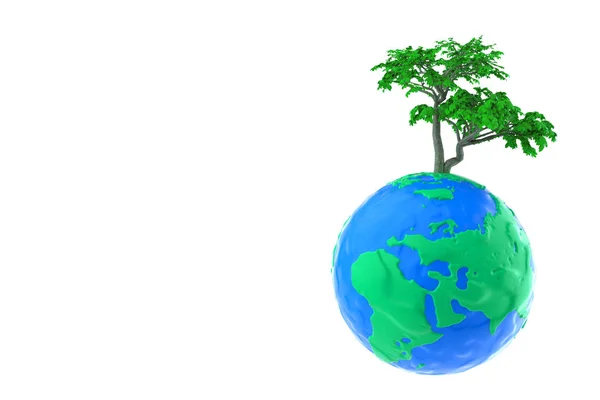 Концепція екології. Green Tree over Plasticine Clay Earth Globe (англійською). 3d — стокове фото