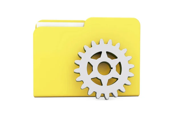 Chrome Gear Wheel in Front of Yellow Folder Icon. 3D-рендеринг — стоковое фото