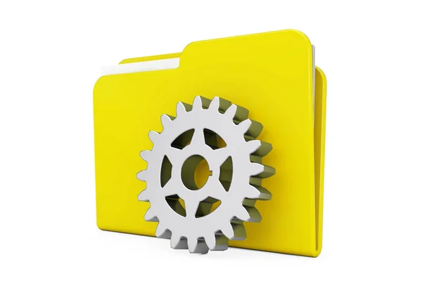 Chrome Gear Wheel in Front of Yellow Folder Icon. 3D-рендеринг — стоковое фото