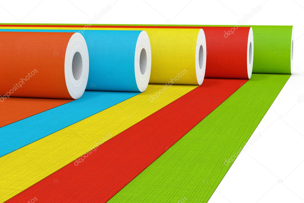 Row of Multicolour Paperhanging Wallpaper Paper Rolls. 3d Render