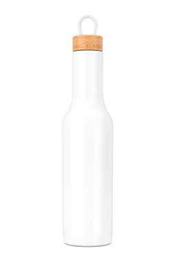 Tahta şapkalı beyaz modern şişe maketi. 3d Hazırlama