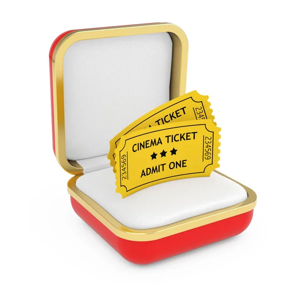 Two Yellow Cinema Tickets in the Red Gift Box. 3d Rendering — Stockfoto