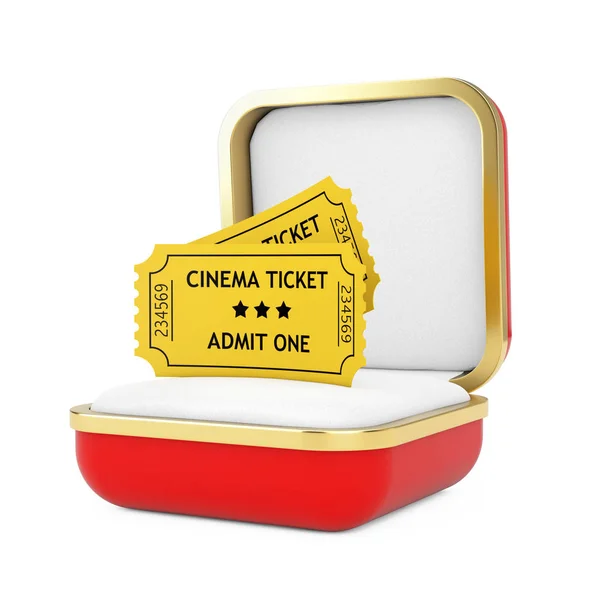 Two Yellow Cinema Tickets in the Red Gift Box. 3d Rendering — Stockfoto