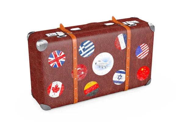 Retro Leather Brown Threadbare Suitcase With Travel Stickers, Me — Stockfoto