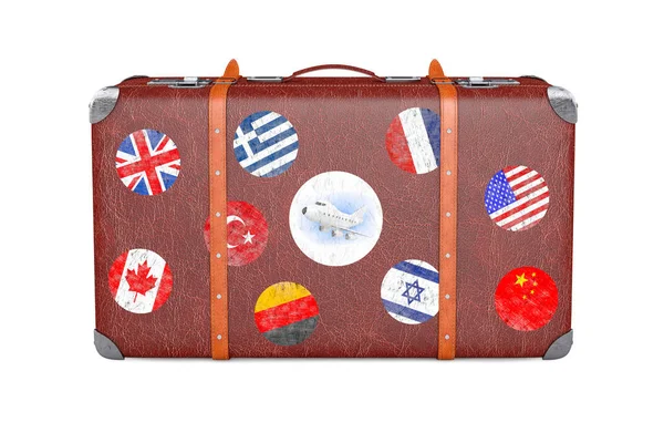 Retro Leather Brown Threadbare Suitcase With Travel Stickers, Me — Stockfoto