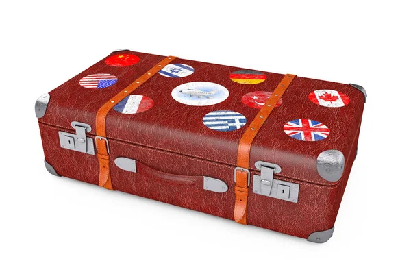 Retro Leather Brown Threadbare Suitcase With Travel Stickers, Me — Stockfoto