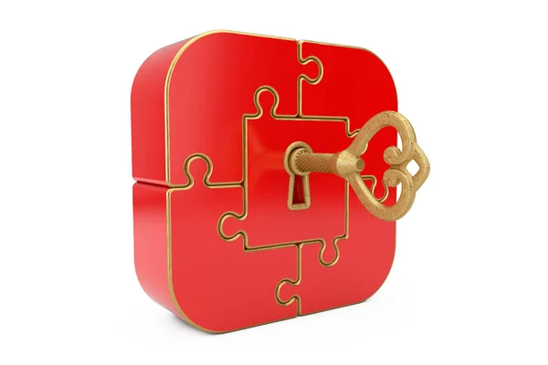 赤ジグソーパズルボックスのアンティークレトロ古い黄金の鍵。3Dレンダリング — ストック写真