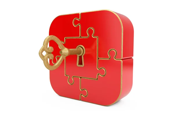 Antique Retro Old Golden Key in Red Jigsaw Puzzle Box. 3d Render — Stock Photo, Image